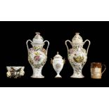 *Mixed Ceramics. Pair of Rockingham style floral encrusted pedestal vases and covers, decorated with