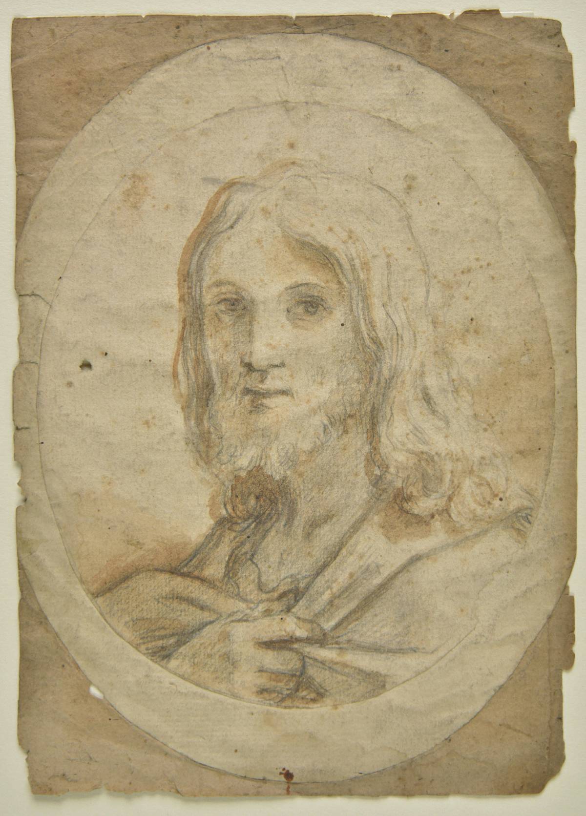 *Attributed to Giovanni Andrea Sirani (1610-1670). Head of Christ, pencil and brown wash on laid