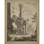 *Bolognese School. Landscape with Italianate ruins and man walking, second half 17th century, pen,