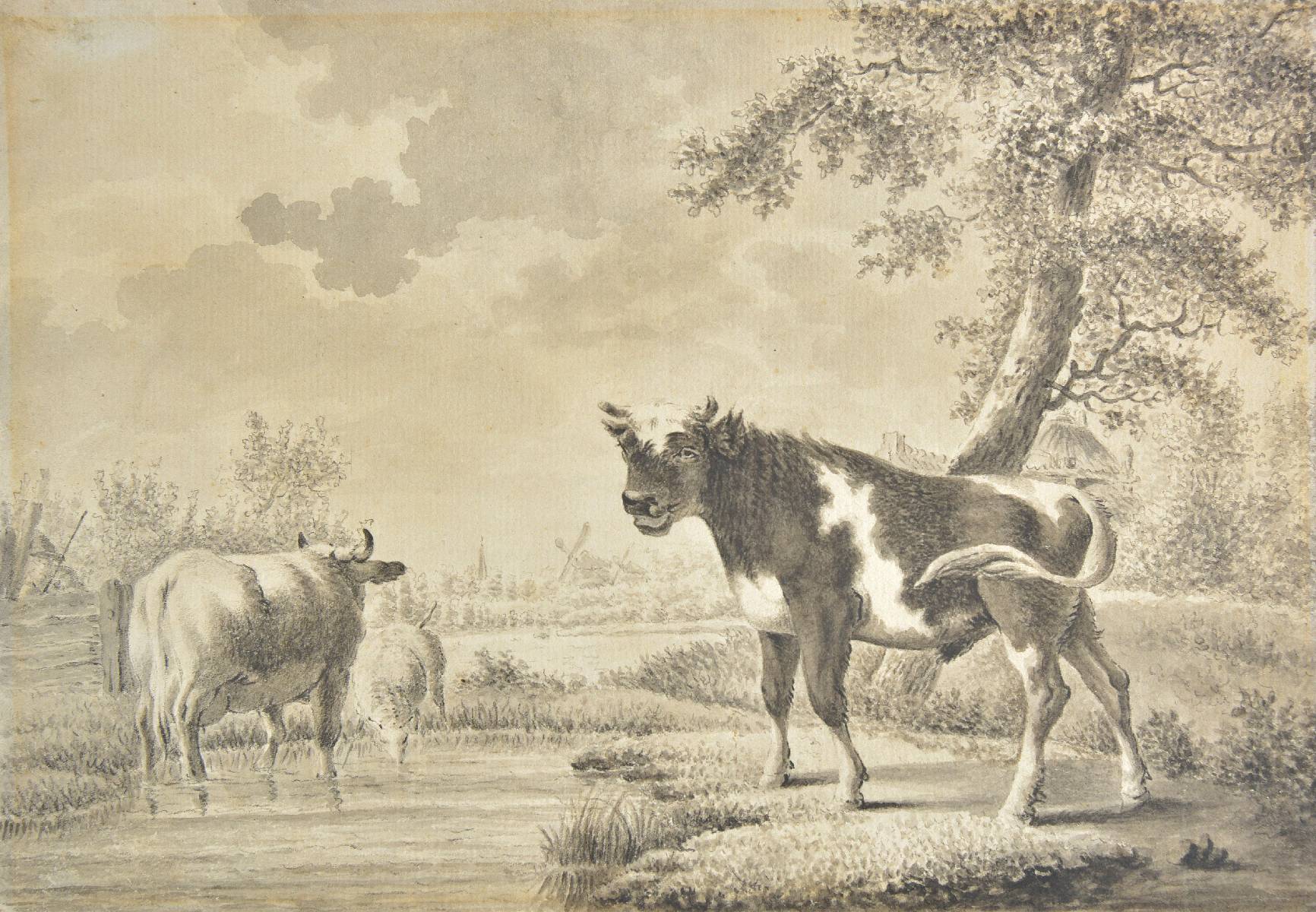 *Dutch School. Landscape with bull and cow by water, with sheep and peasant, 18th century, pen and