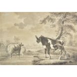 *Dutch School. Landscape with bull and cow by water, with sheep and peasant, 18th century, pen and