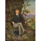 *Victorian School. Gentleman smoking seated by a rocky outcrop with landscape beyond, circa 1860-70,