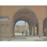 *Livens (Horace Mann, 1862-1936). English town square seen through an archway, watercolour and