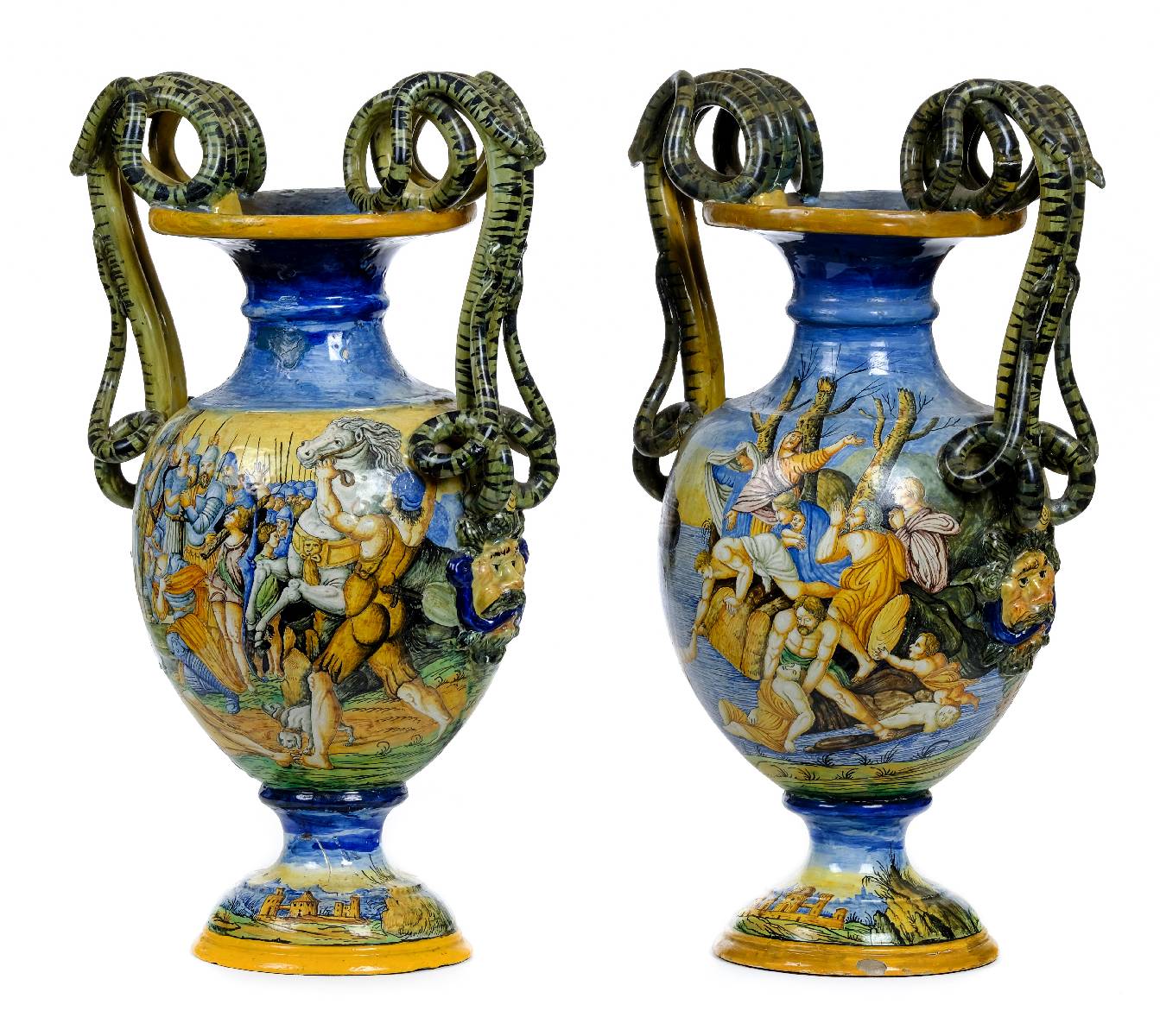 *Italian Maiolica Vases. An impressive pair of large-scale Italian majolica snake handled vases,