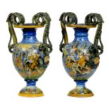 *Italian Maiolica Vases. An impressive pair of large-scale Italian majolica snake handled vases,
