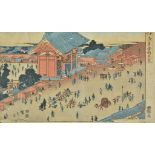 *Hiroshige (Utagawa, 1797-1858). Landscape with temple and market place, colour woodblock print,