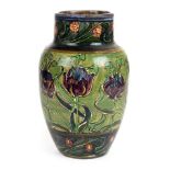 *Art Nouveau. Thomas Forrester earthenware vase designed by A Dean, decorated with purple stylised