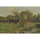 *Oudes (Jacob, 1858-1921). Polder summer landscape with cows by a stream, oil on canvas, signed