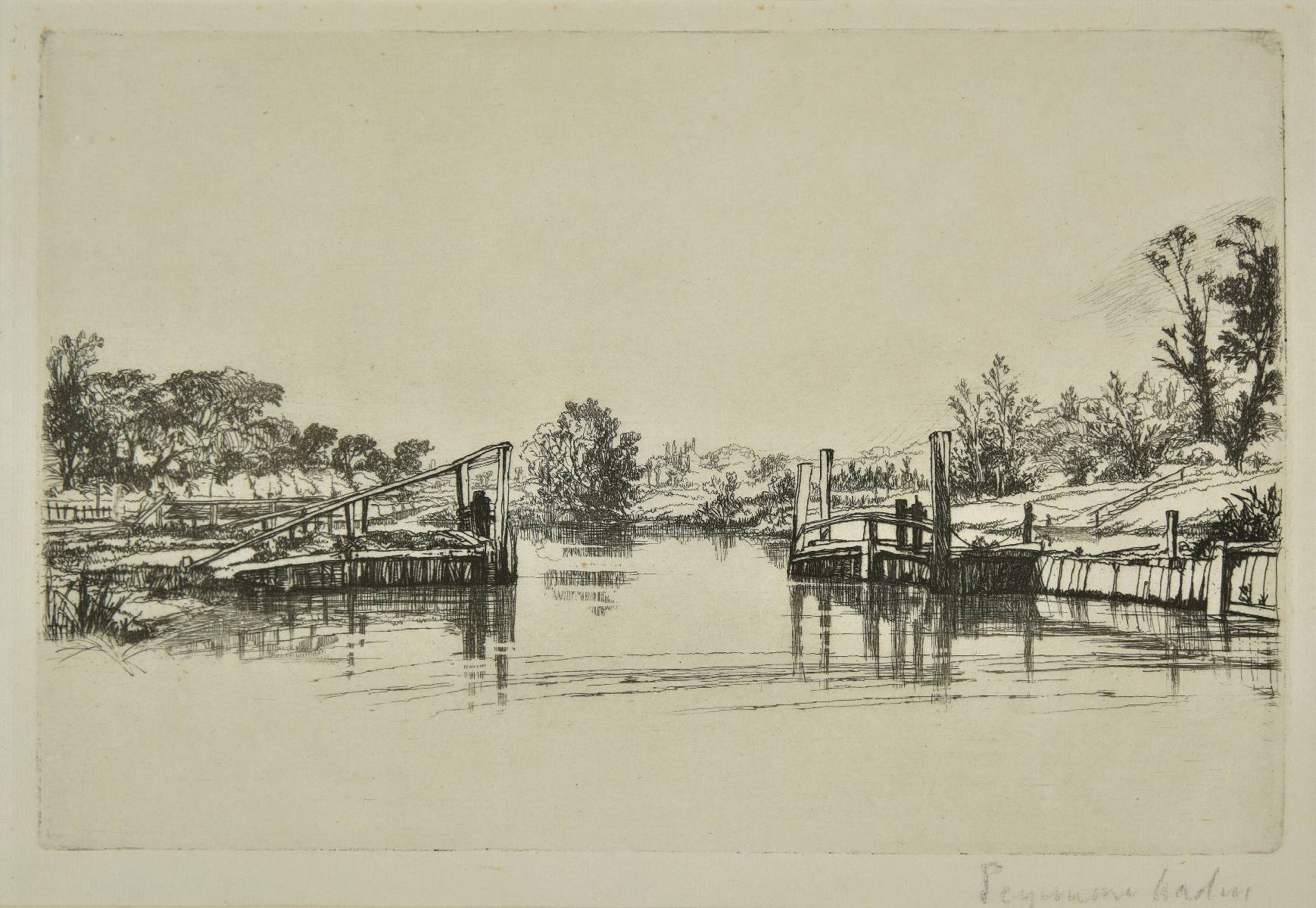 *Haden (Francis Seymour, 1818-1910 ). Egham Lock, 1859, etching on laid paper, with light plate