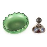 *Art Nouveau. Loetz style glass inkwell, the hinged metal lid decorated with a holly design, the