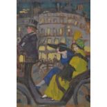 *Camden Town Group. Street scene in London, with two fashionable women in a carriage, circa 1920,