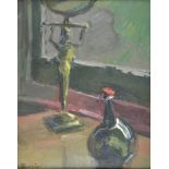 *De la Fougere (Lucette, 1921-2010 ). Mirror stand and glass vase by a window, oil on board,