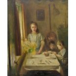*Hacker (Arthur, 1858-1919). Children at a table beside a window, oil on wood panel, signed lower