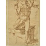 *Follower of Michelangelo. Male nude springing forward from a stone plinth, head turned to the left,