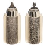 *Art Deco. Pair of French pottery "Skyscraper" table lamp bases, in mottled silver and cream with