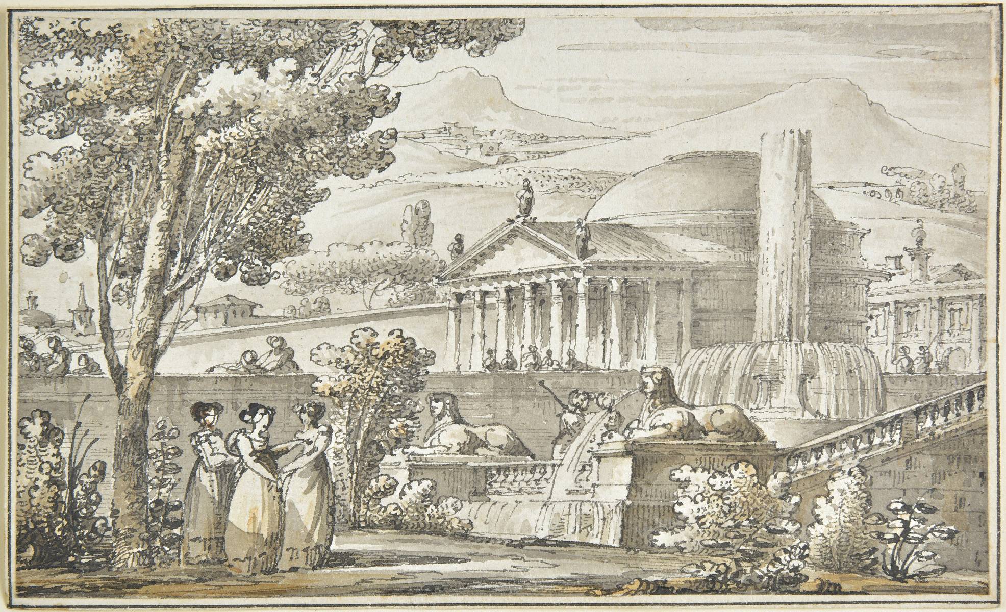 *Quarenghi (Giacomo, 1744-1817). Italian landscape capriccio, pen and black ink with grey and