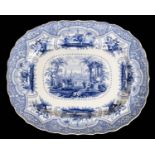 *Blue and White. Large Victorian pottery meat plate, printed with classical figures, amongst a