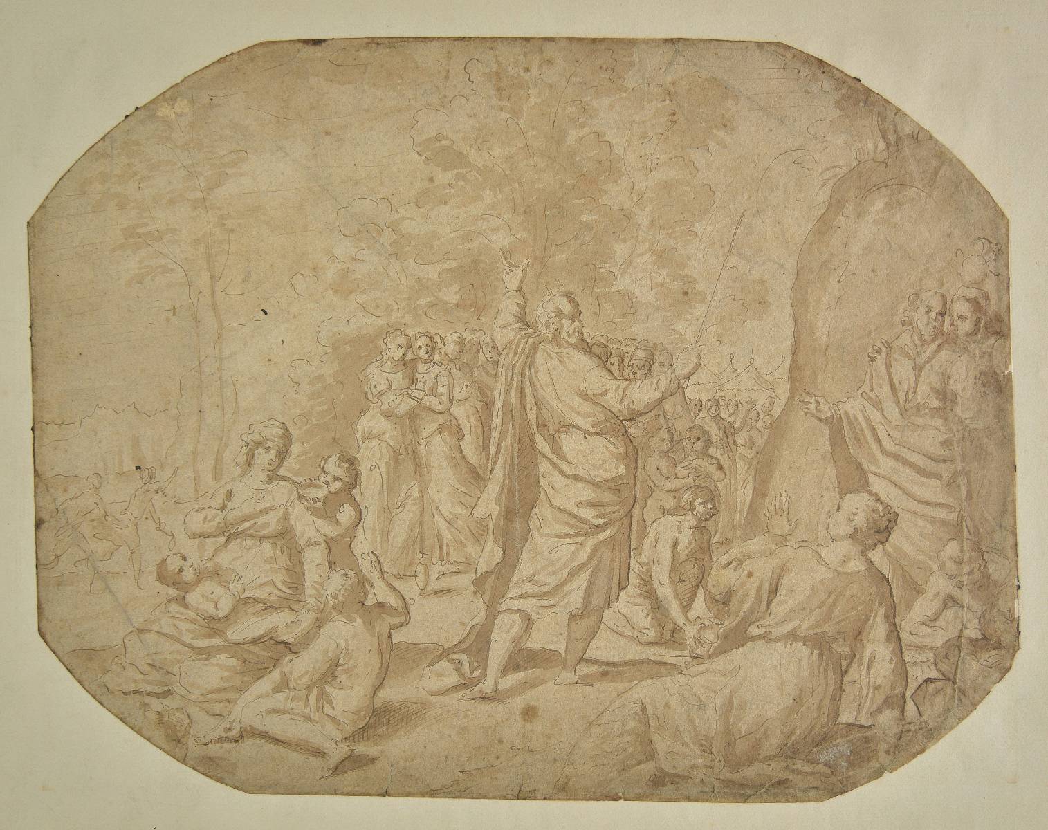 *Venetian School. Moses Striking the Rock, mid 17th century, pen and brown ink, and brown wash on
