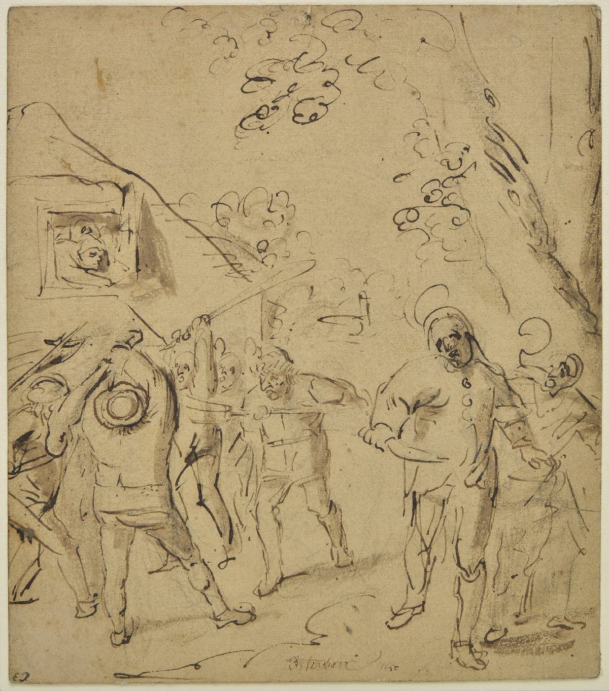 *Attributed to Adrian Brouwer (1600-1638). Peasants fighting, pen and brown ink with brown wash on