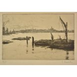 *Beurdeley (Jacques, 1874-1954). Barques de peche au repos (Tamise), etching with drypoint on laid