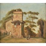 *French School. Landscape with two women resting outside a rustic Italian house, early 19th century,