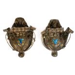 *Art Nouveau. Pair of copper and brass wall lights fittings, each inset with a blue and turquoise "