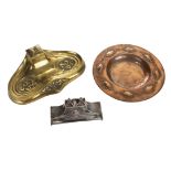 *Art Nouveau. Large French brass desk stand, cast with a butterfly and foliage, with glass inkwell