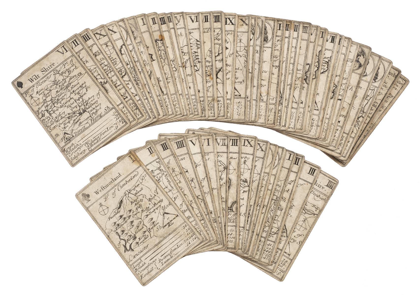 Lenthall (John). A set of 49 (of 52) playing card maps and two explanation cards, circa 1717,