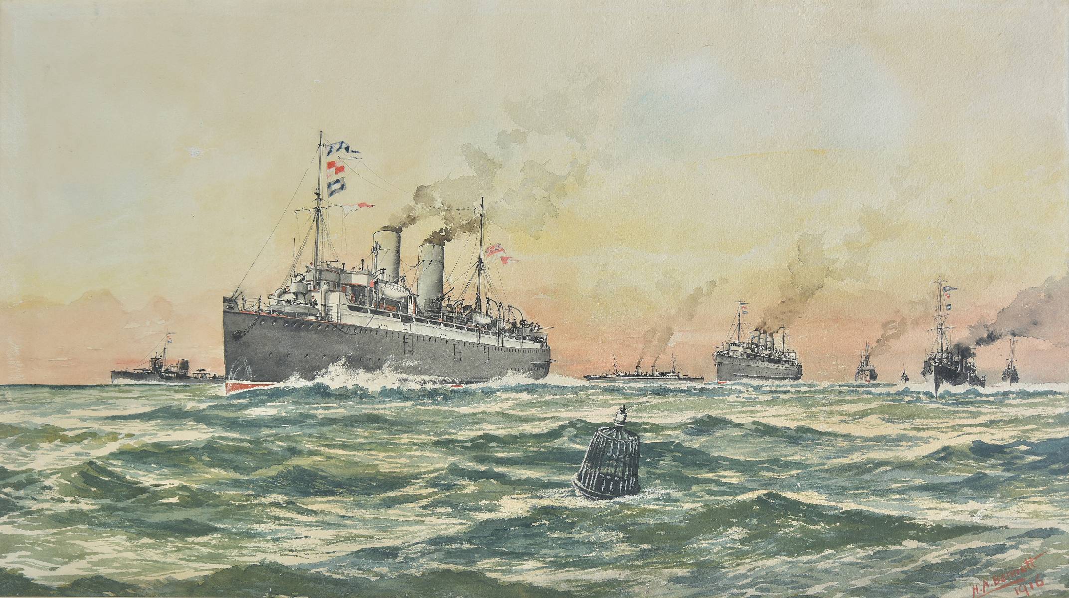 *Bennett (H.A., 20th century). Returning Home, 1916, watercolour on paper showing British Royal Navy