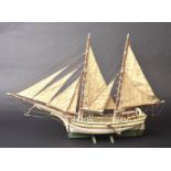 *Model Ship. Wooden scale model ship, with two fully rigged masts, deck fittings and white and green