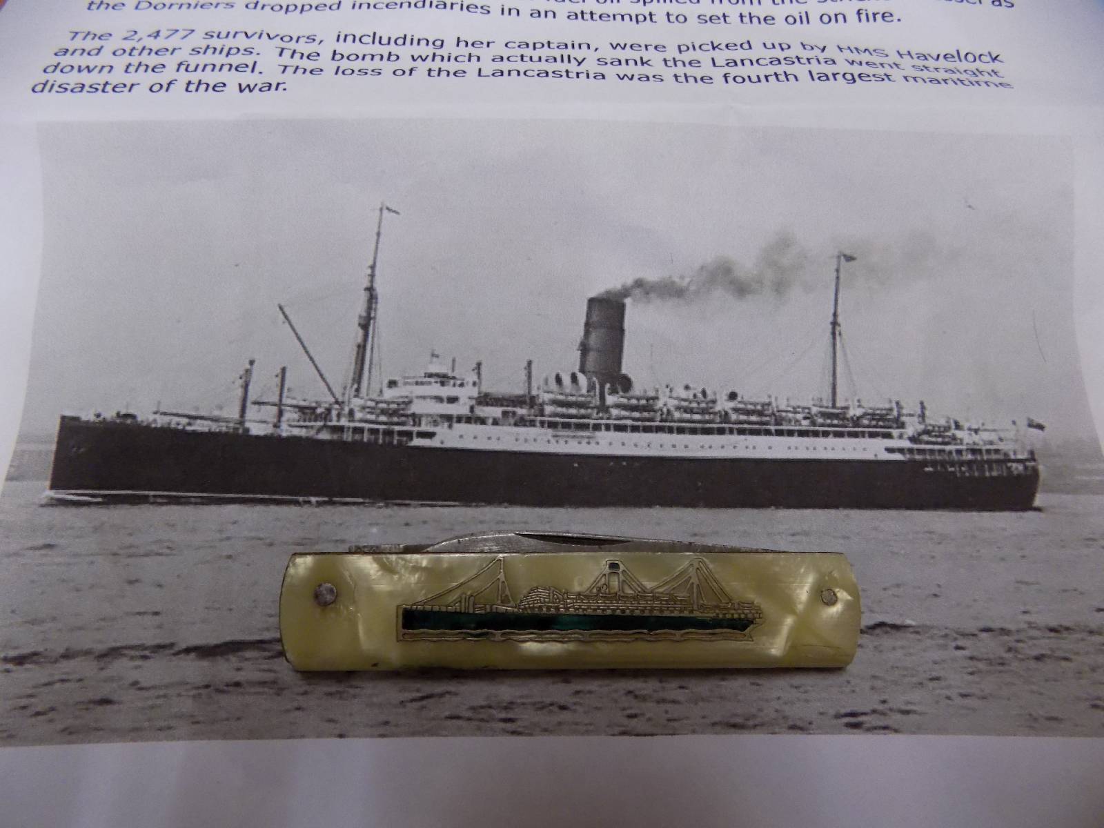 *RMS Lancastria. Commemorative pocket knife, with faux mother-of-pearl composite grip, inset with