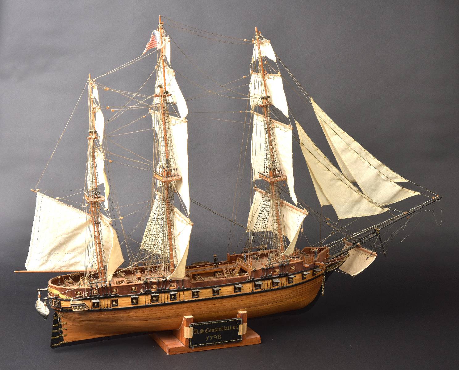 *Model Ship. Wooden scale model of the 'U.S. Constellation 1798', with three fully rigged sales,