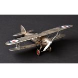 *Desktop Model. Fine 1930s silver plated model of an RAF Hawker Hind Bi-plane, painted with