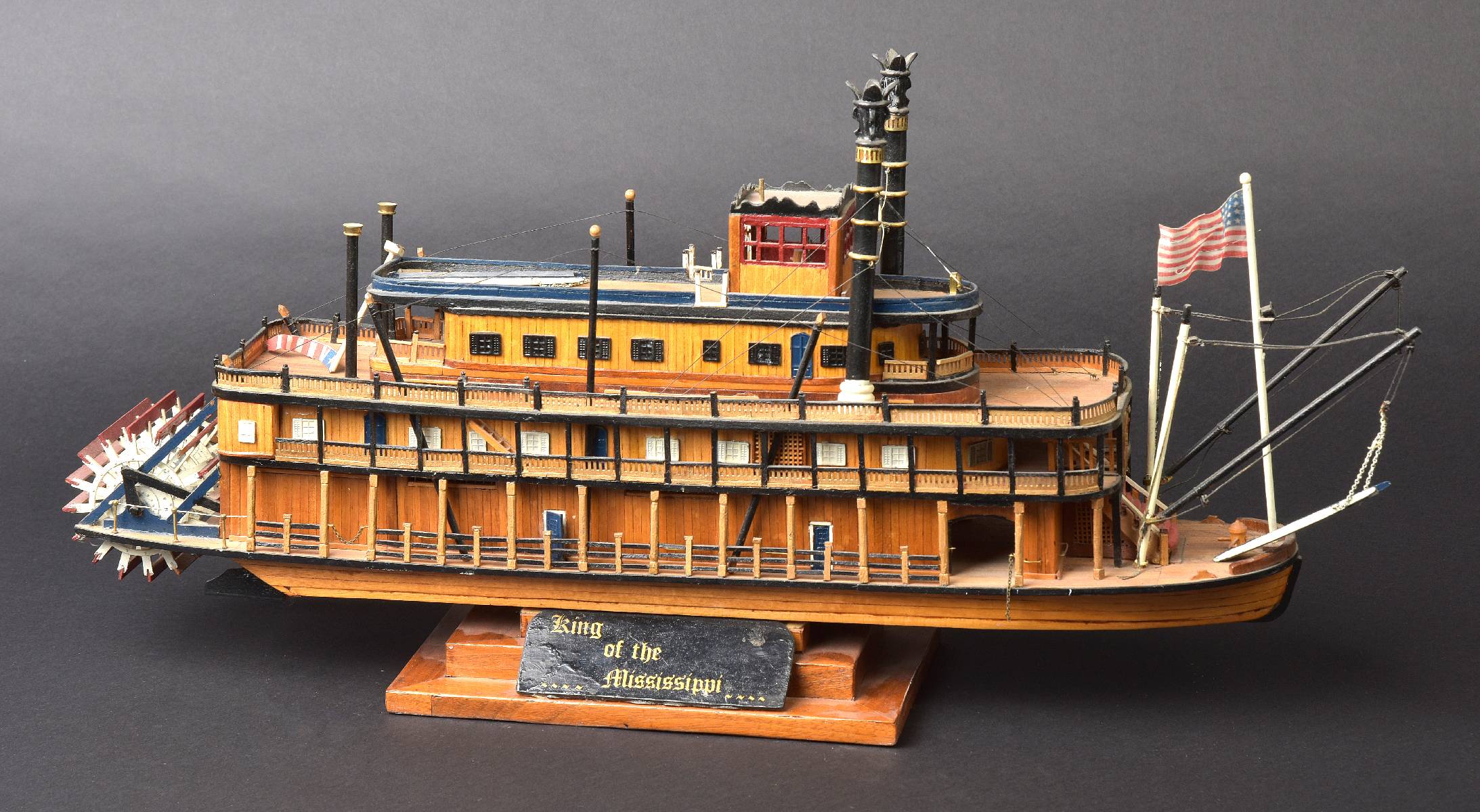 *Model Ship. Wooden scale model of the paddle steamer 'King of the Mississippi', with deck