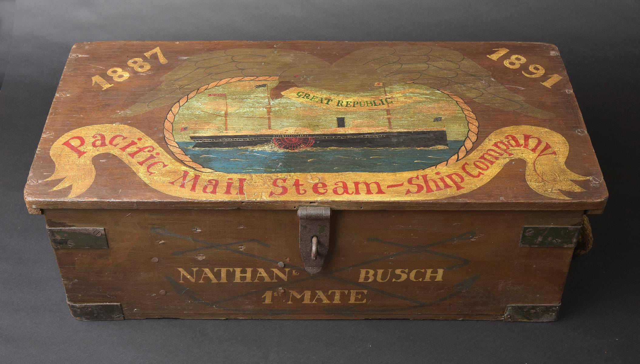 *Pacific Mail Steam-Ship Company. Victorian style crew members wooden chest, the lid painted with