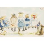 *Children seated on a bench, mid 20th century, pencil and watercolour, showing the back view of