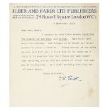 *Eliot (Thomas Stearns, 1888-1965). Typed letter signed, 'T.S. Eliot', Faber and Faber, 24 Russell