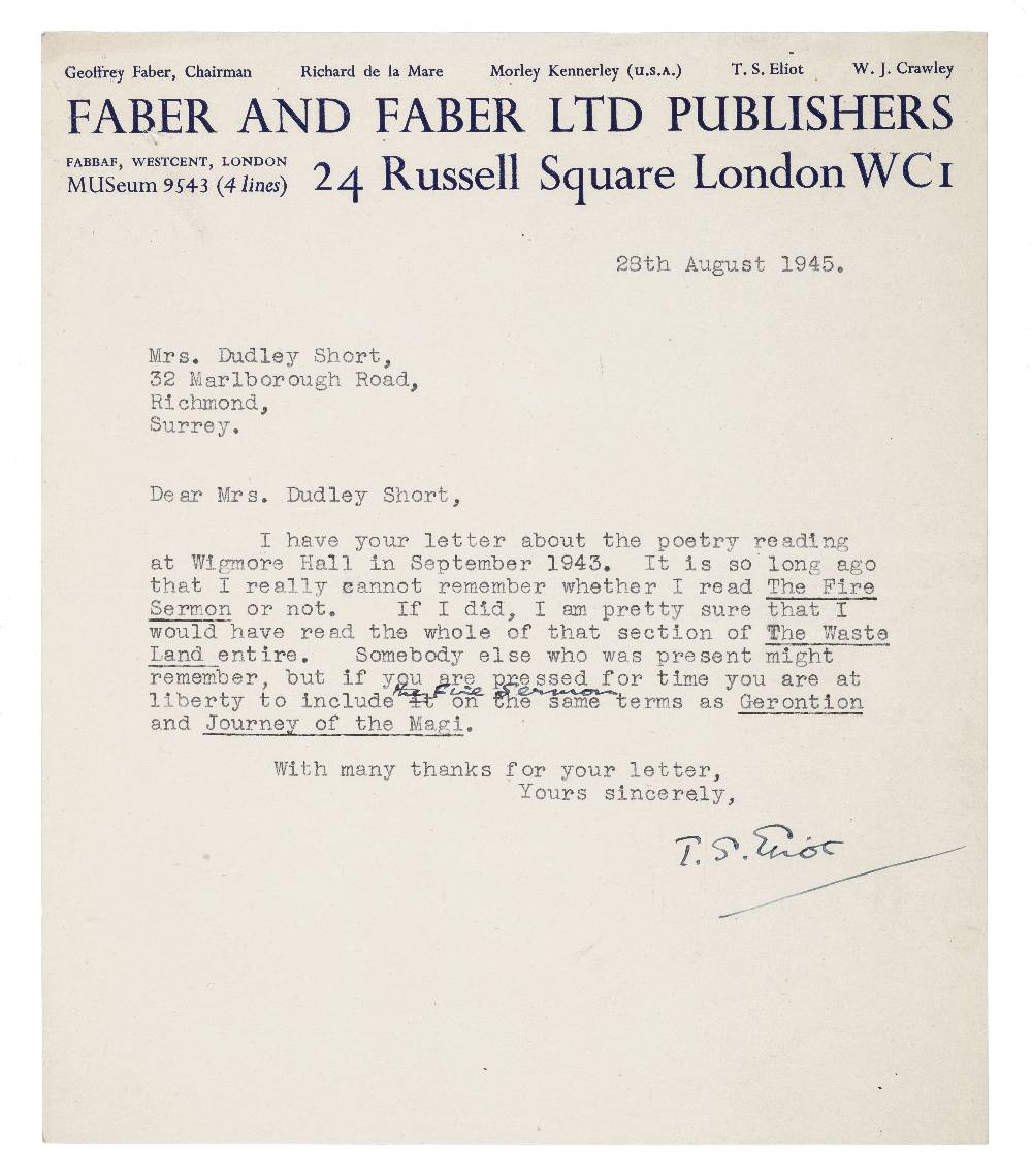 *Eliot (Thomas Stearns, 1888-1965). A group of four typed letters signed, Faber and Faber, 24