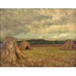 *British Impressionism. Landscape with haystacks in a field, oil on board, indistinctly signed lower