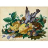 *Saulin (Berthe, 19th century). Pair of still life of fruit and birds, 1875 and 1876, 22 x 29.5cm (