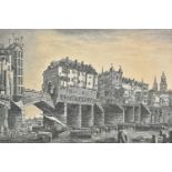 *London. Old London Bridge in the 1600s, pen & black ink on paper, heightened with white, believed