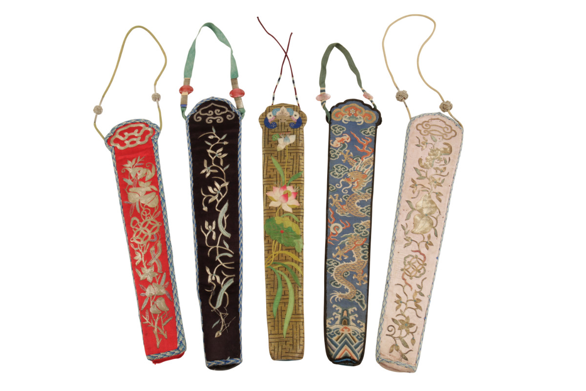 FIVE EMBROIDERED FAN CASES, EARLY 20TH CENTURY