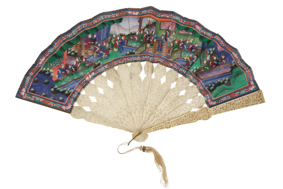 CARVED IVORY AND PAINTED FAN, 19TH CENTURY