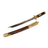 FINE CARVED WOOD AND GILT BRONZE MOUNTED SHORT SWORD (TANTO)