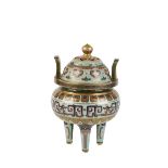 LARGE CLOISONNE TRIPOD CENSER AND COVER, QING DYNASTY, 19TH CENTURY