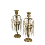 PAIR OF EGYPTIAN REVIVAL BRONZE AND GILT METAL TABLE CANDLESTICK LUSTRES