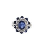 SAPPHIRE AND DIAMOND CLUSTER RING