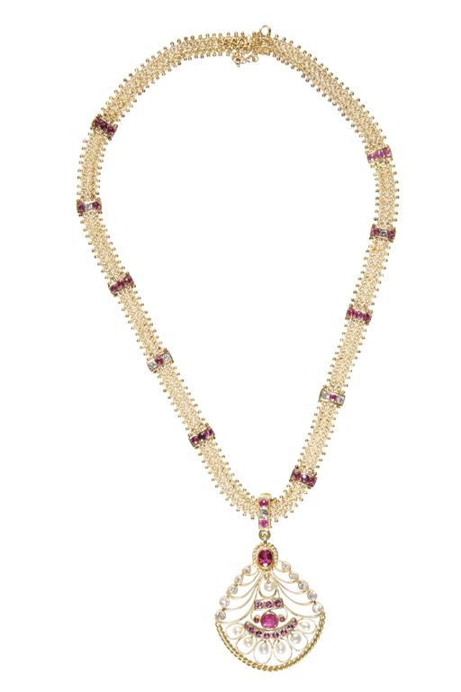 RUBY, DIAMOND AND CULTURED PEARL PENDANT NECKLACE