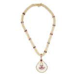 RUBY, DIAMOND AND CULTURED PEARL PENDANT NECKLACE