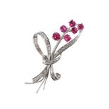 DIAMOND AND "RUBY" FLORAL SPRAY BROOCH